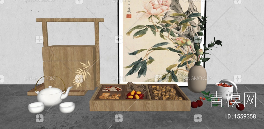 食盒 干果零食 坚果 核桃 红枣 松果 樱桃 茶壶 茶具 摆件
