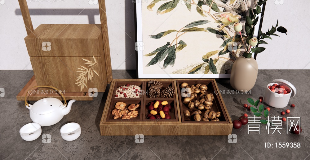 食盒 干果零食 坚果 核桃 红枣 松果 樱桃 茶壶 茶具 摆件