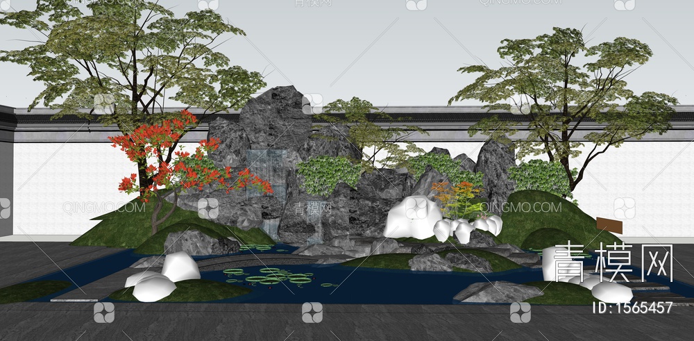 假山瀑布水景 园林景观水池 假山跌水 景观石头组合 小桥流水 汀步