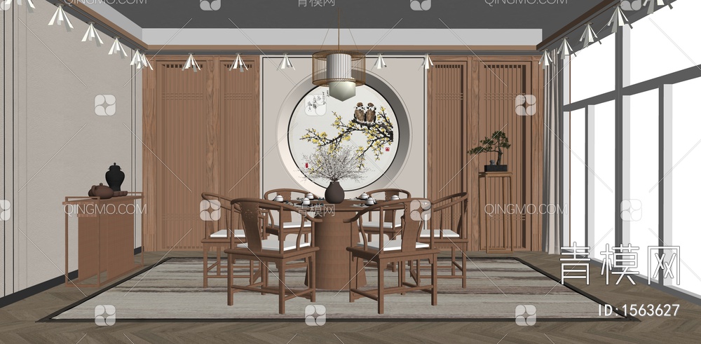 餐厅包厢 圆形餐桌椅 吊灯 墙饰挂画 梅花主题餐厅