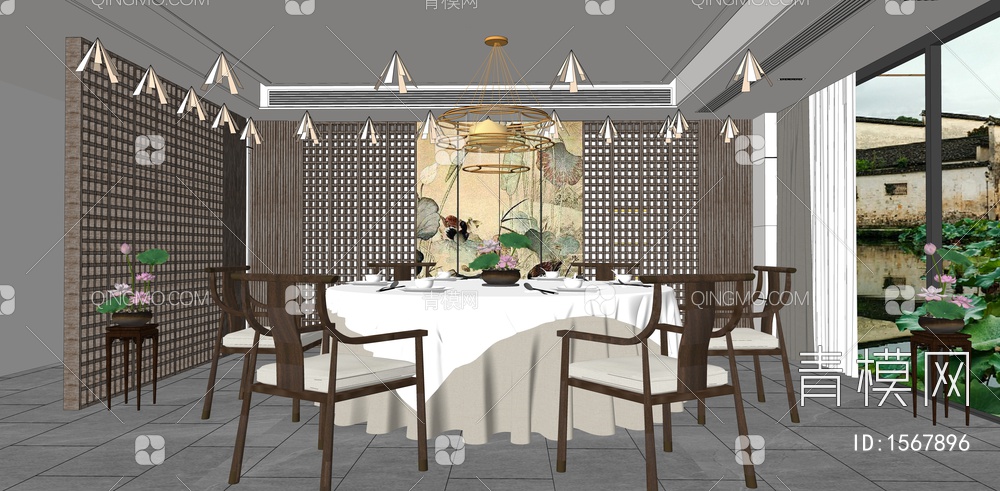 荷花主题餐厅包厢 圆形餐桌椅 吊灯 墙饰格栅挂画 餐厅