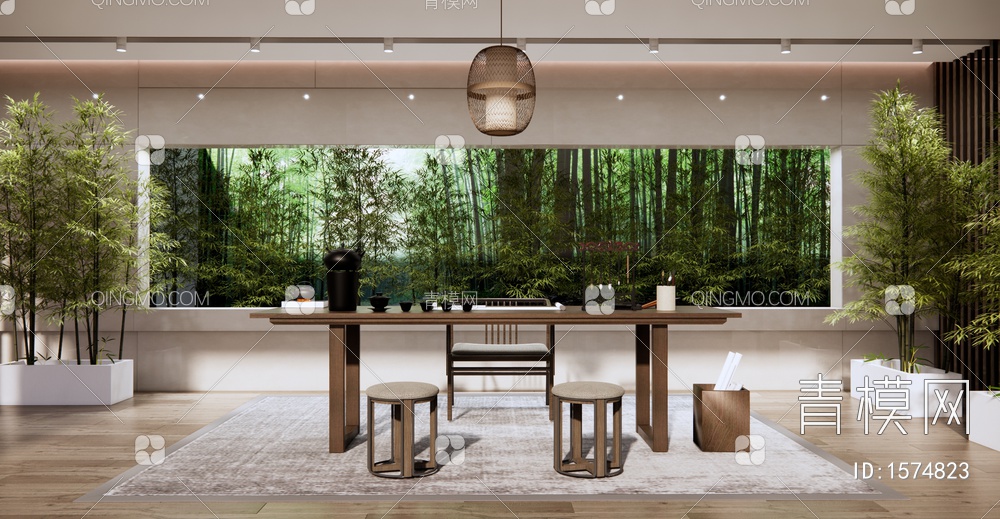 禅意茶室 茶桌椅组合 竹林橱窗 装饰画 吊灯 书柜 毛笔架 茶具