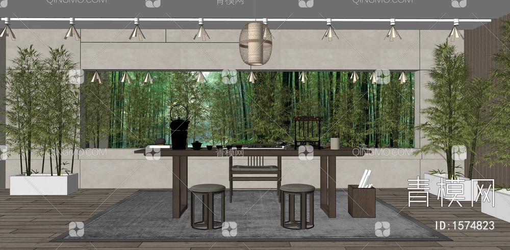 禅意茶室 茶桌椅组合 竹林橱窗 装饰画 吊灯 书柜 毛笔架 茶具