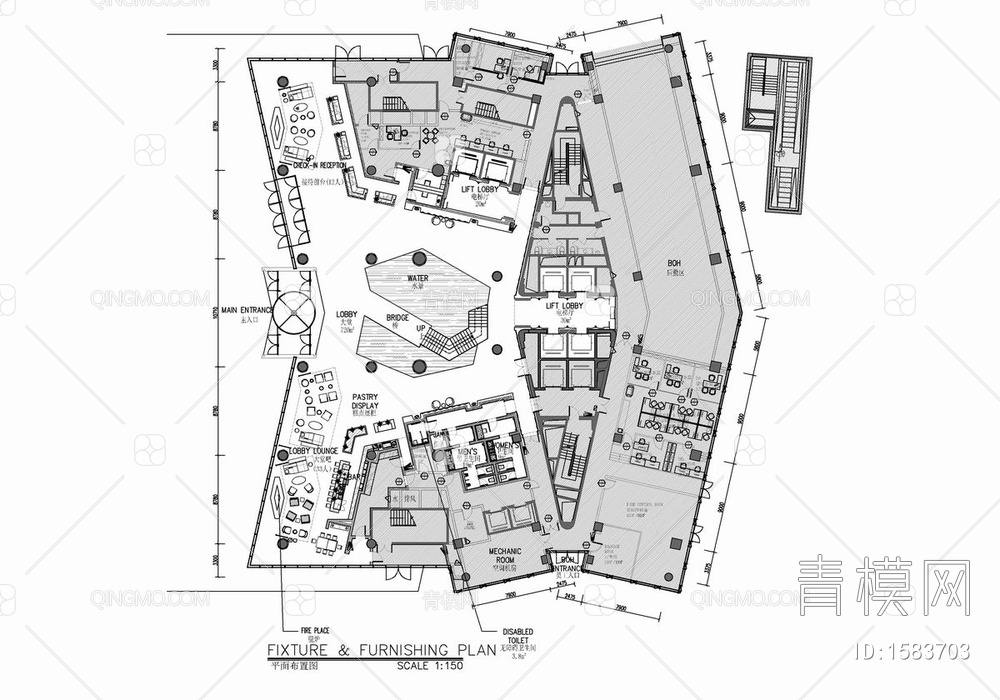 某酒店大堂公区CAD施工图 前台接待 大堂吧 公区 电梯厅