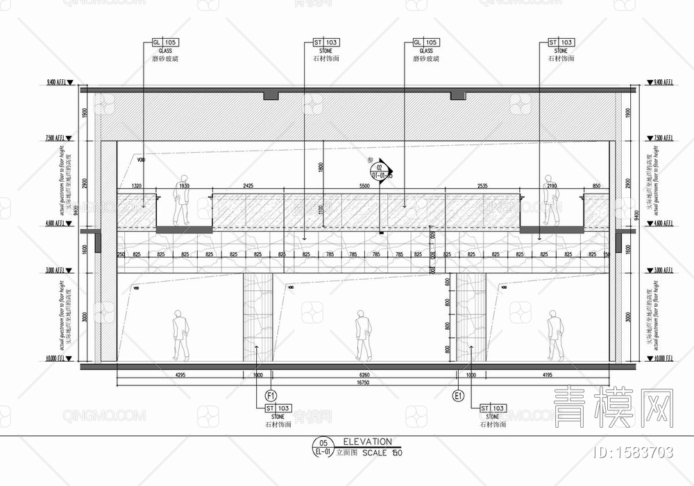 某酒店大堂公区CAD施工图 前台接待 大堂吧 公区 电梯厅