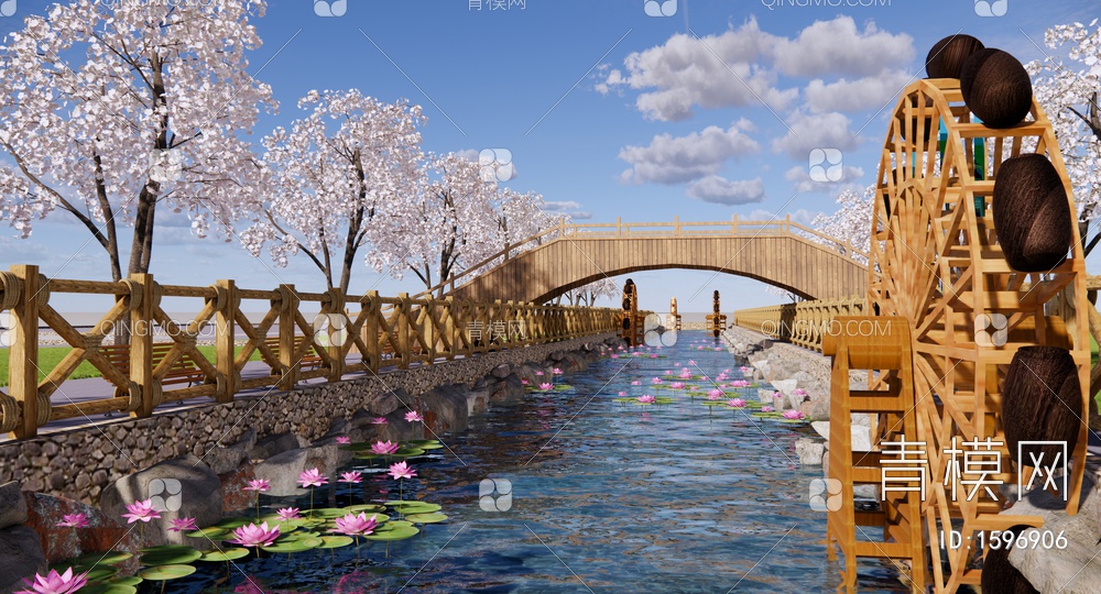滨水湿地公园景观 河道景观 溪流河流 河岸驳岸 木桥 荷花睡莲 樱花