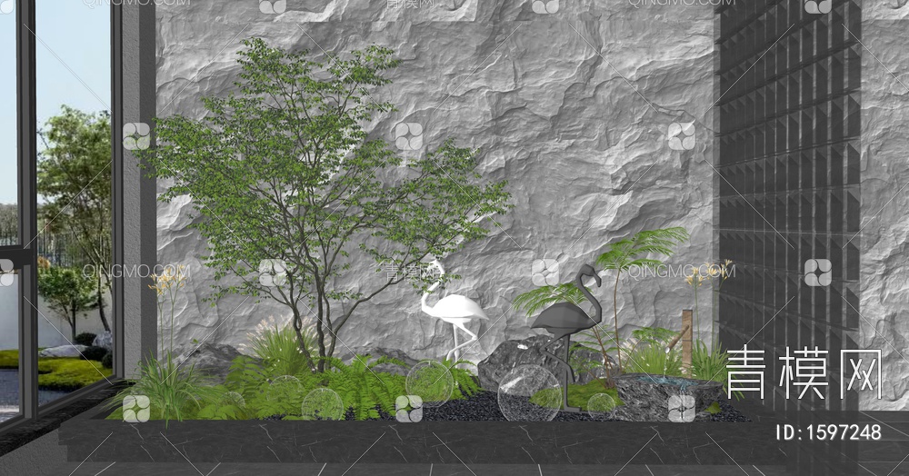 室内庭院小品 植物景观 水钵 蕨类植物 植物造景 石头 雕塑小品