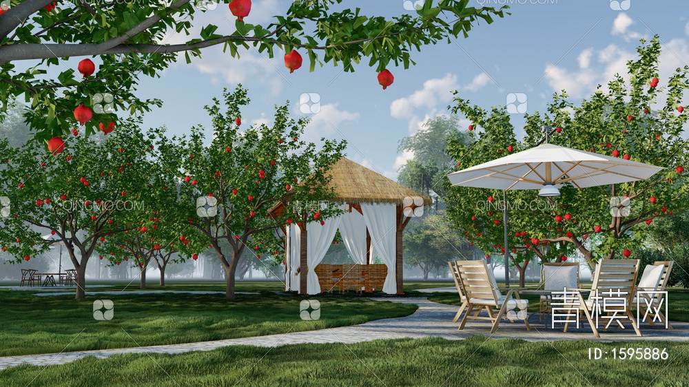 石榴苹果水果树示范农业种植林 茅草休闲亭