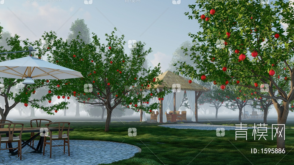 石榴苹果水果树示范农业种植林 茅草休闲亭