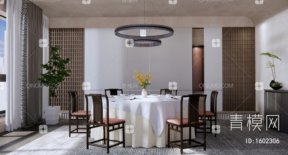 餐厅包厢 圆形餐桌椅 金属吊灯 硬包背景墙 窗帘 室内盆栽
