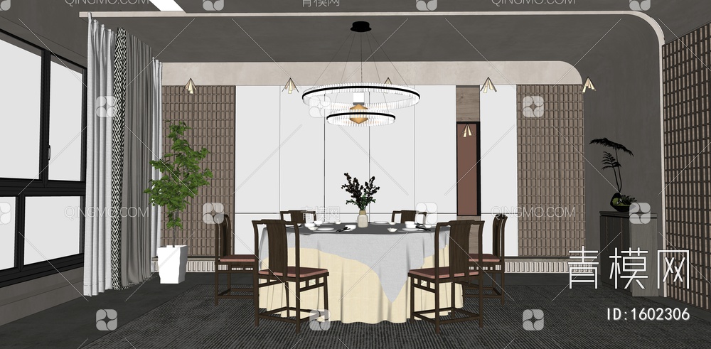 餐厅包厢 圆形餐桌椅 金属吊灯 硬包背景墙 窗帘 室内盆栽