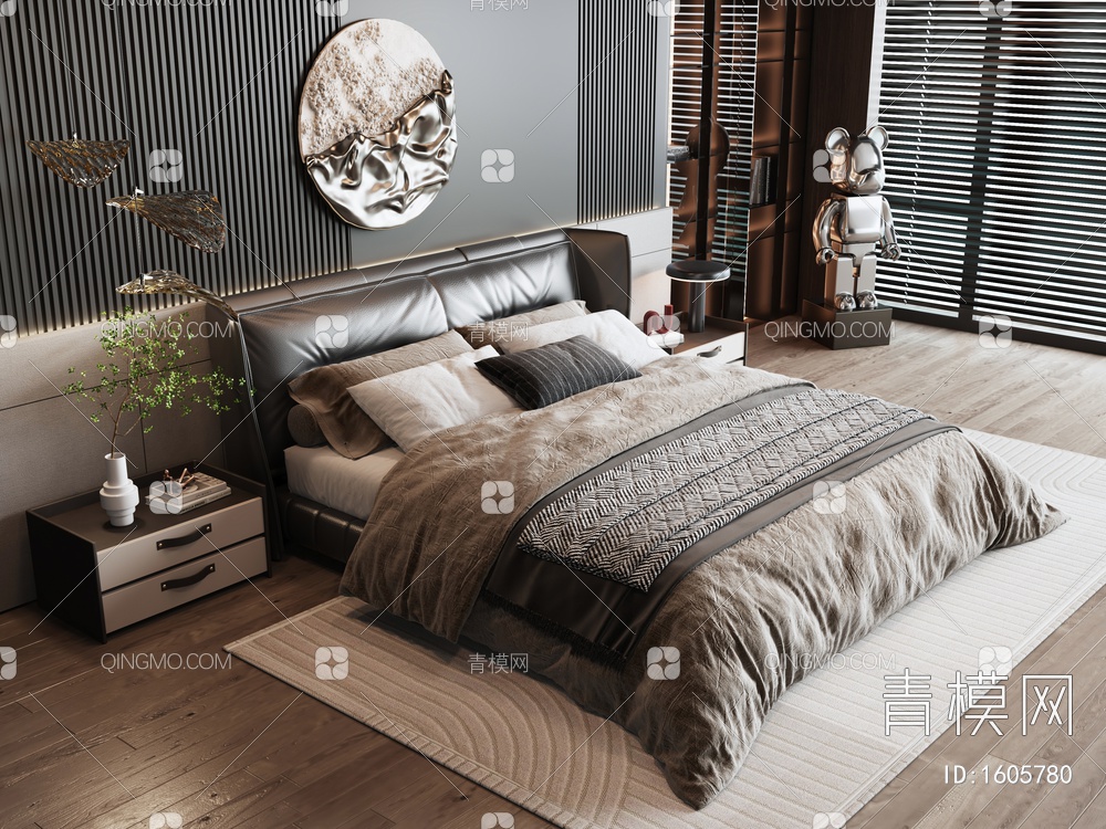 Poliform双人床  床头柜  墙饰  雕塑  地毯  吊灯