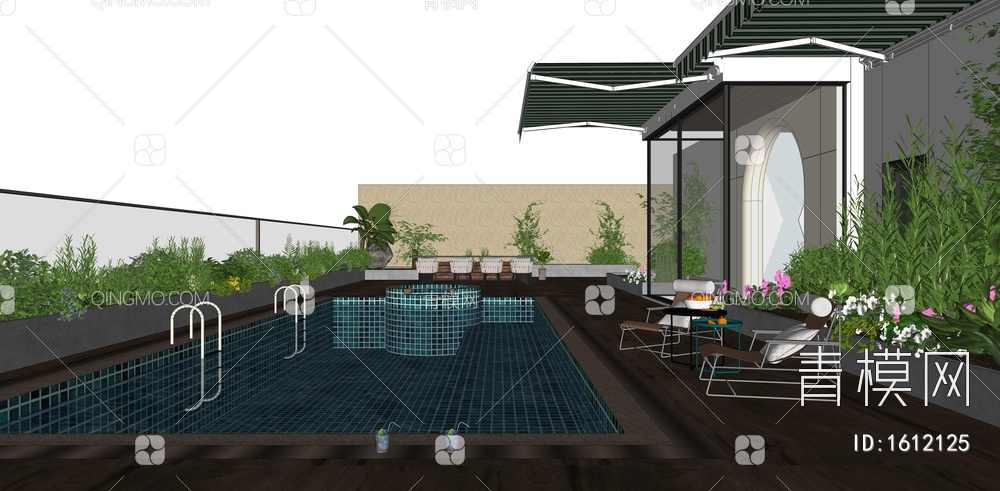 户外游泳池 户外露台花园 躺椅 绿植组合 别墅游泳池 屋顶用泳池