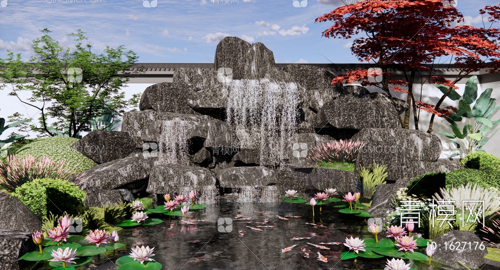 假山水景庭园 园林景观水池 假山跌水瀑布 庭园景观石头组合 睡莲荷花