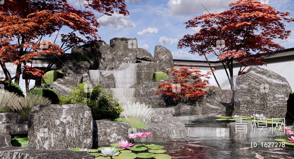 假山水景庭园 园林景观水池 假山跌水瀑布 景观石头组合 睡莲荷花 红枫