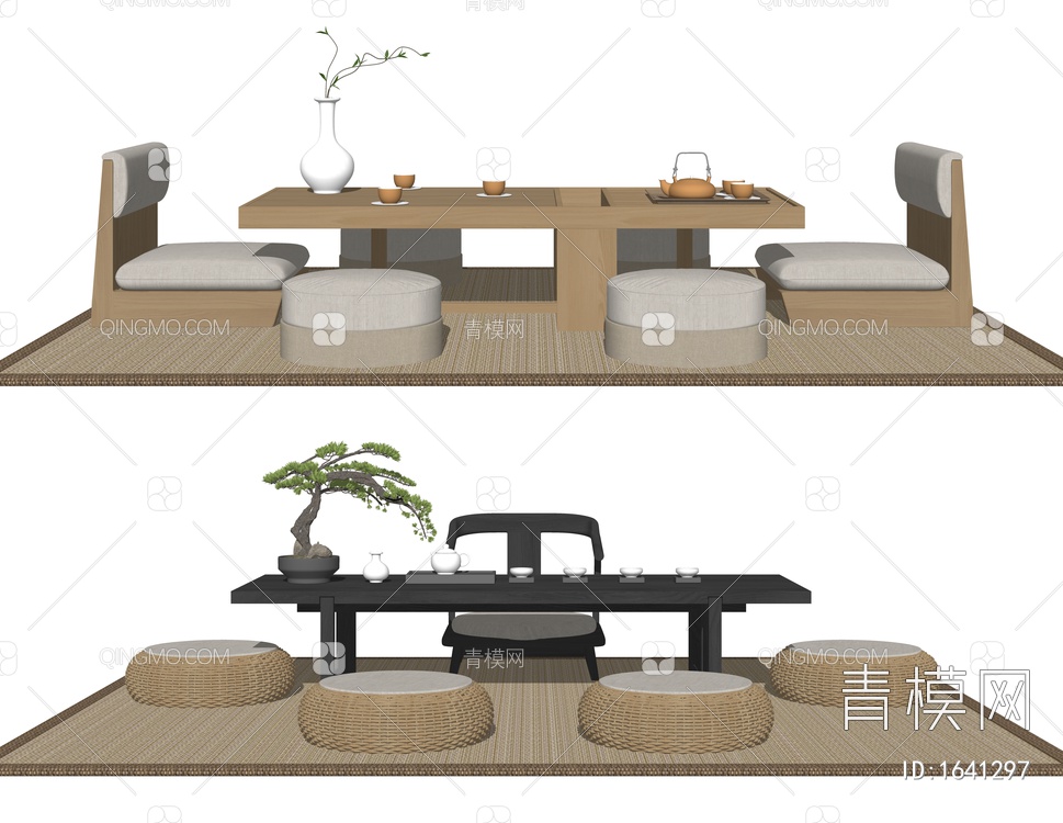 榻榻米茶台 茶桌椅组合 蒲团 茶具盆 栽