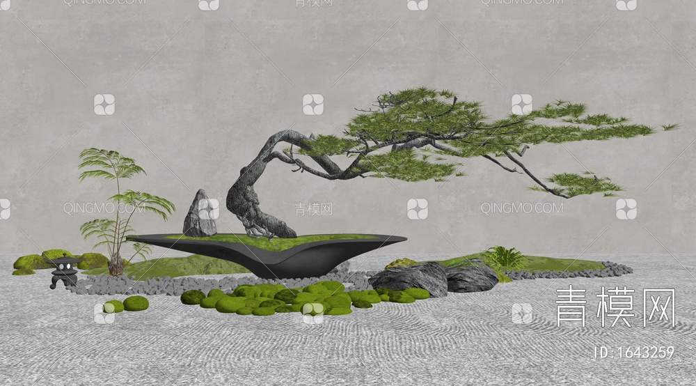 松树盆栽 迎客松盆景 石头 苔藓 园艺景观造景