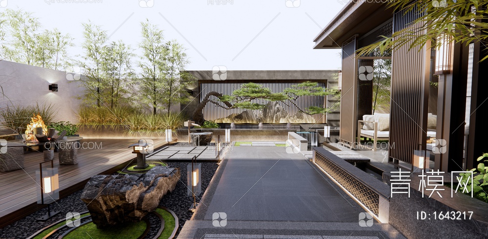 庭院景观 山水景墙 造型松树 亭子 户外沙发 草丛植物 竹子