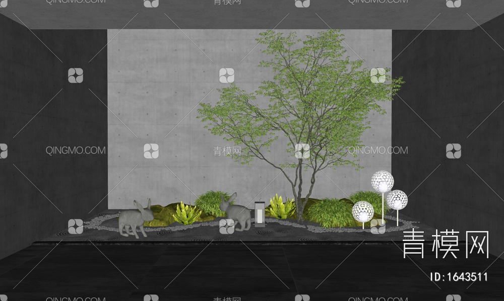 室内景观造景 庭院小品 乔木 小兔雕塑 景观灯 花草植物