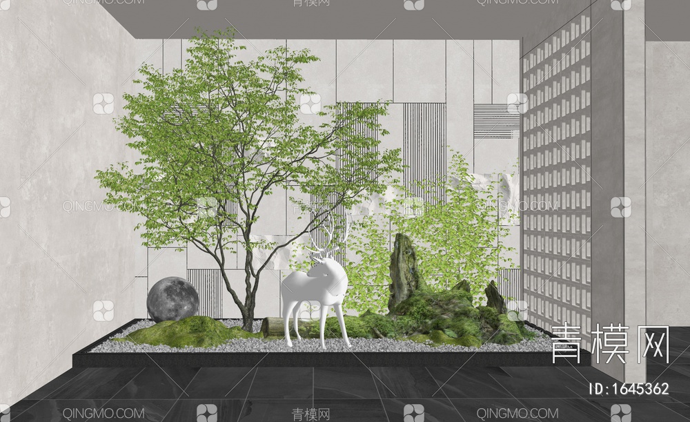 庭院景观小品 室内造景 苔藓枯木 景观植物 植物组合 麋鹿雕塑 乔木
