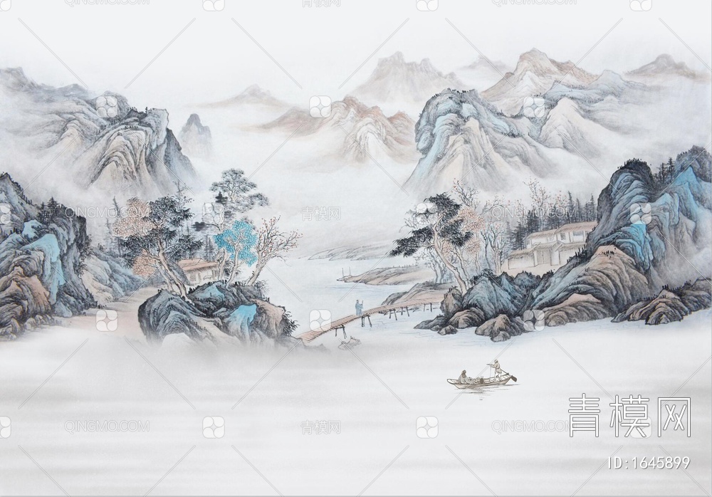 玉兰新中式山水壁画贴图
