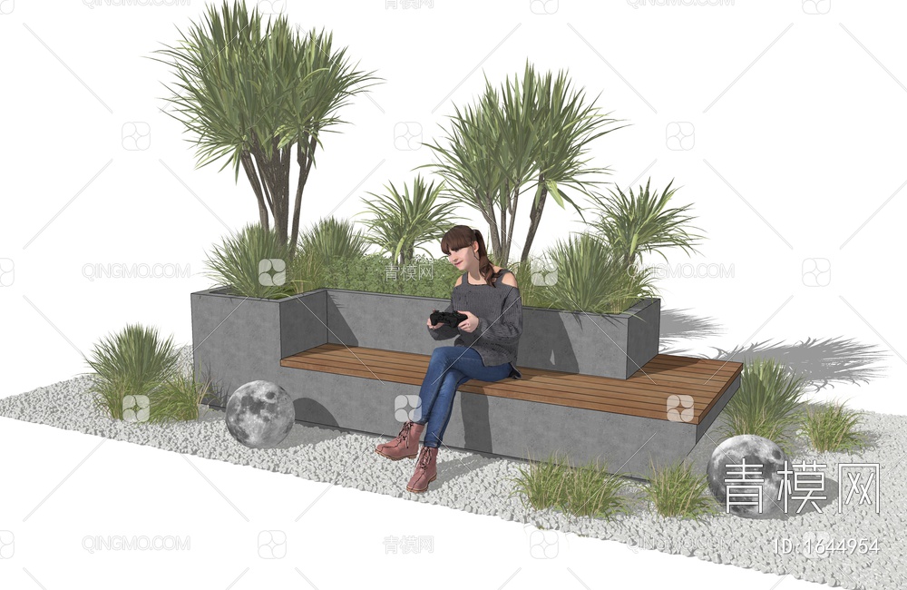 景观座椅 花池 植物组合 植物堆 鹅卵石 坐姿人物