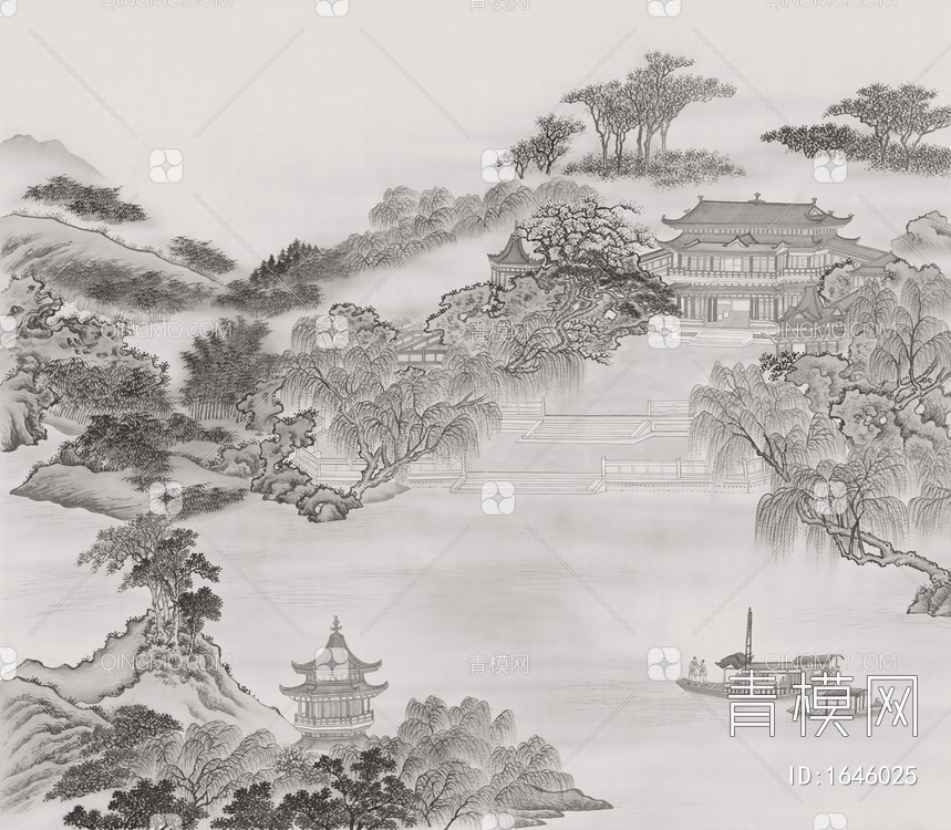 中式山水楼阁壁画贴图