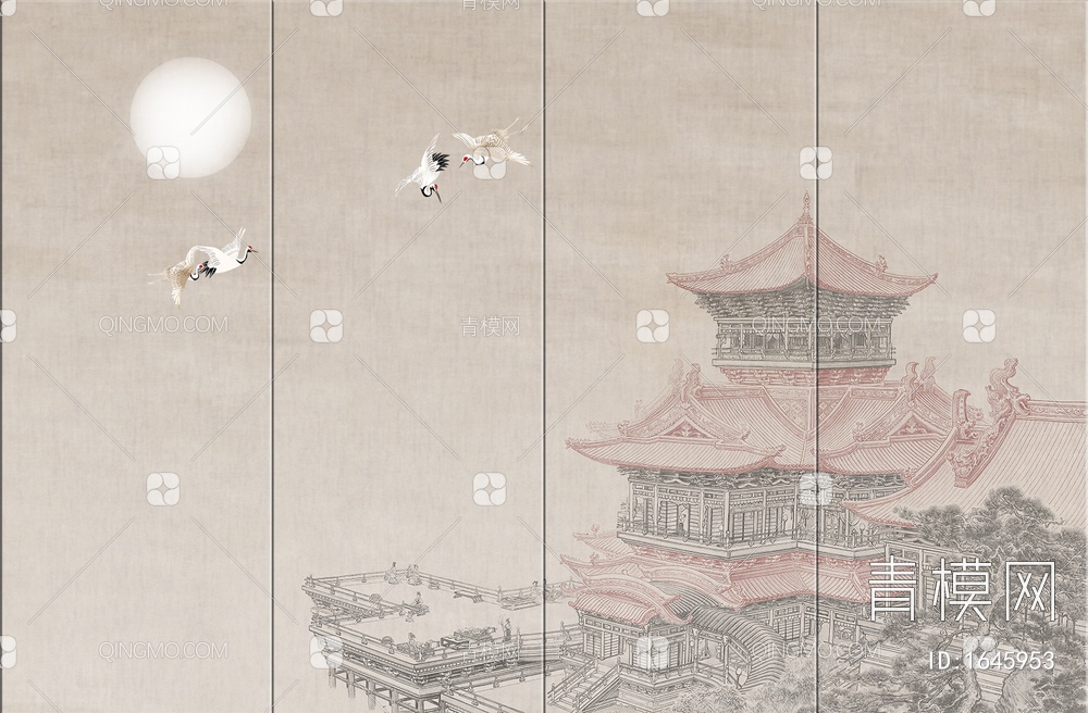 中式建筑亭台仙鹤壁纸贴图