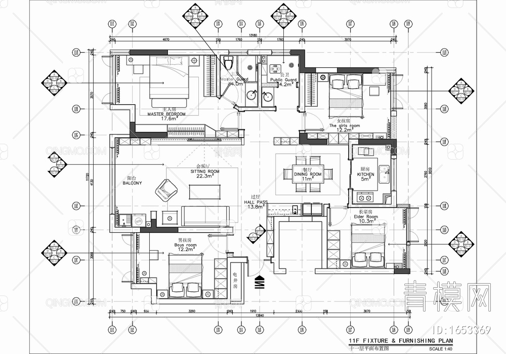 130㎡四居室家装施工图+效果图+方案文本 家装 私宅 样板房 平层