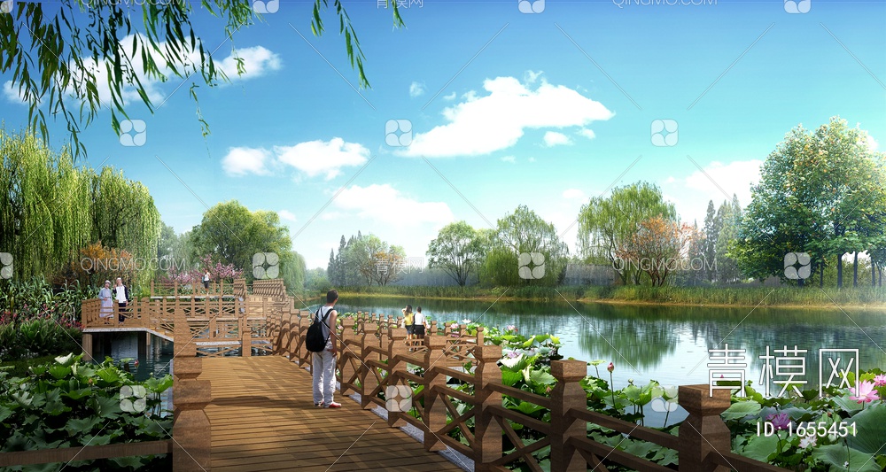 公园湖中木道景观效果图