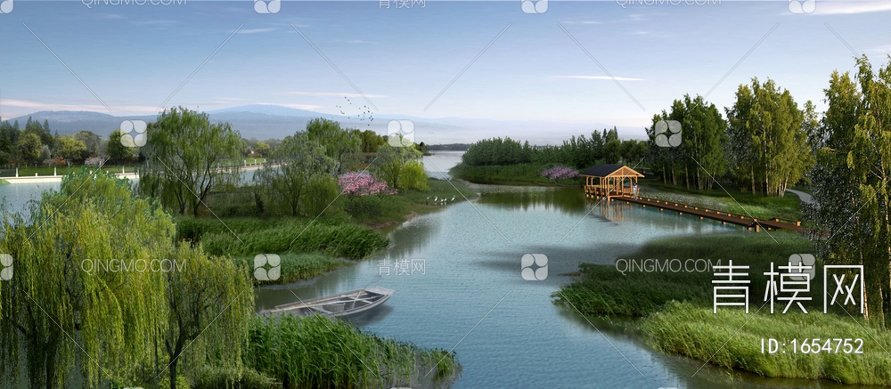 湿地公园沿河景观鸟瞰图