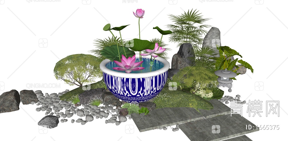 禅意水钵 青花瓷水缸 荷花水景 庭园景观小品