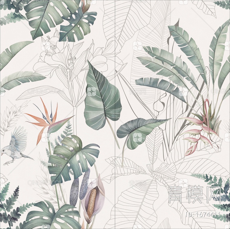 热带雨林植物印花艺术砖贴图