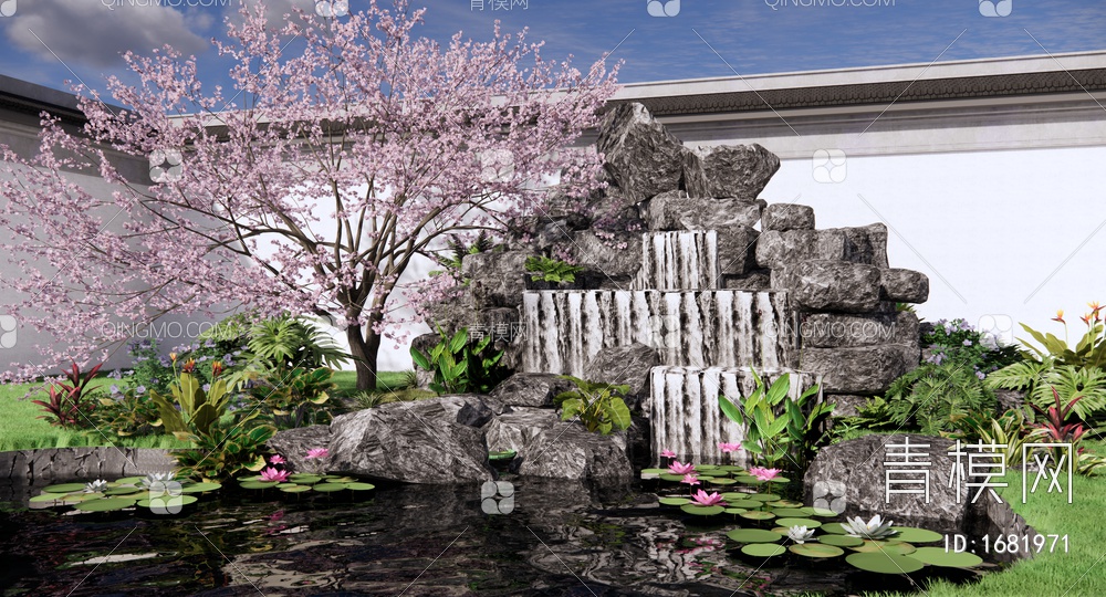 假山叠水 跌水瀑布 园林景观水池 景观石头组合 庭园荷花 樱花
