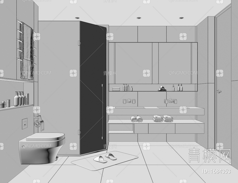 卫生间，台盆柜，淋浴房，坐便器，镜子，卫浴柜