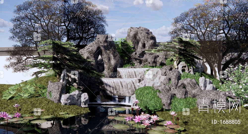 假山水景 跌水瀑布景观 假山叠水 庭园景观石头组合 太湖石 荷花池