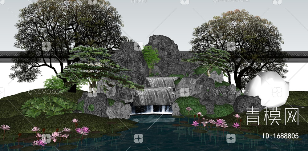 假山水景 跌水瀑布景观 假山叠水 庭园景观石头组合 太湖石 荷花池