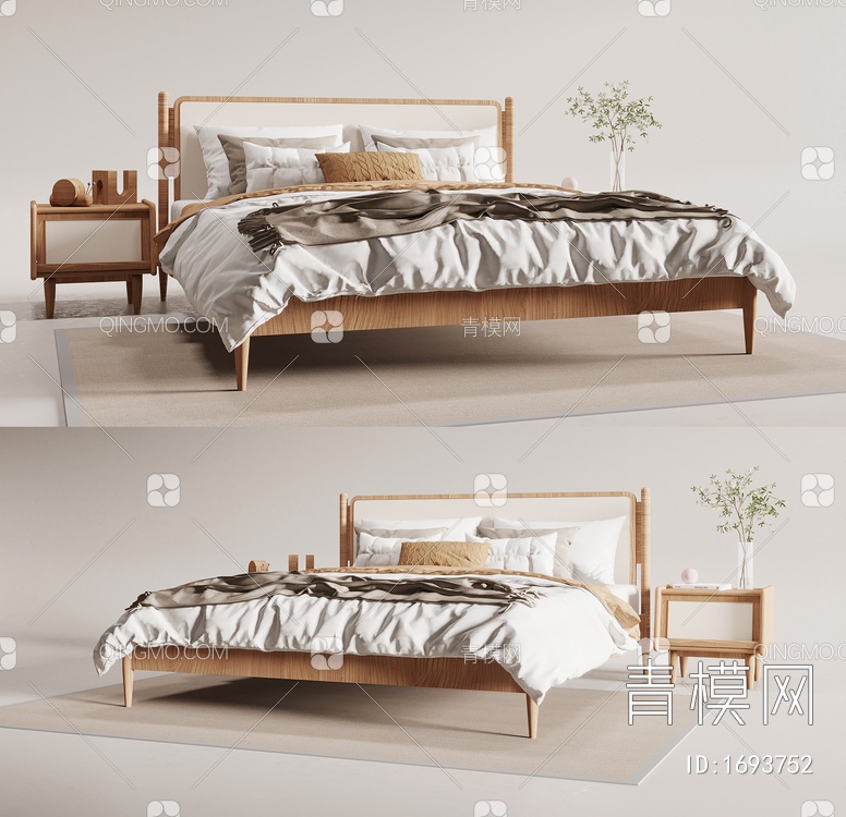 实木双人床 床头柜