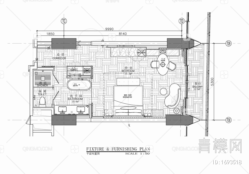 55㎡酒店标准大床房客房施工图 酒店客房 大床房 单间