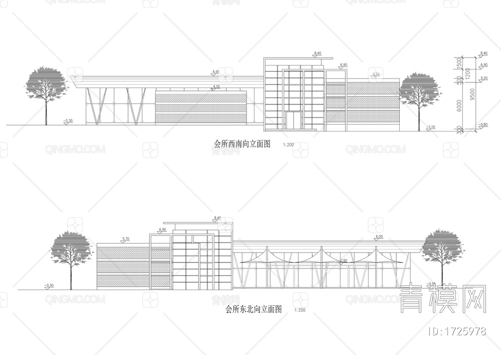 会所含游泳池壁球场健身房建筑图