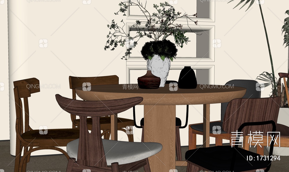 餐厅 餐桌椅，吊灯，餐边柜，盆栽，装饰画