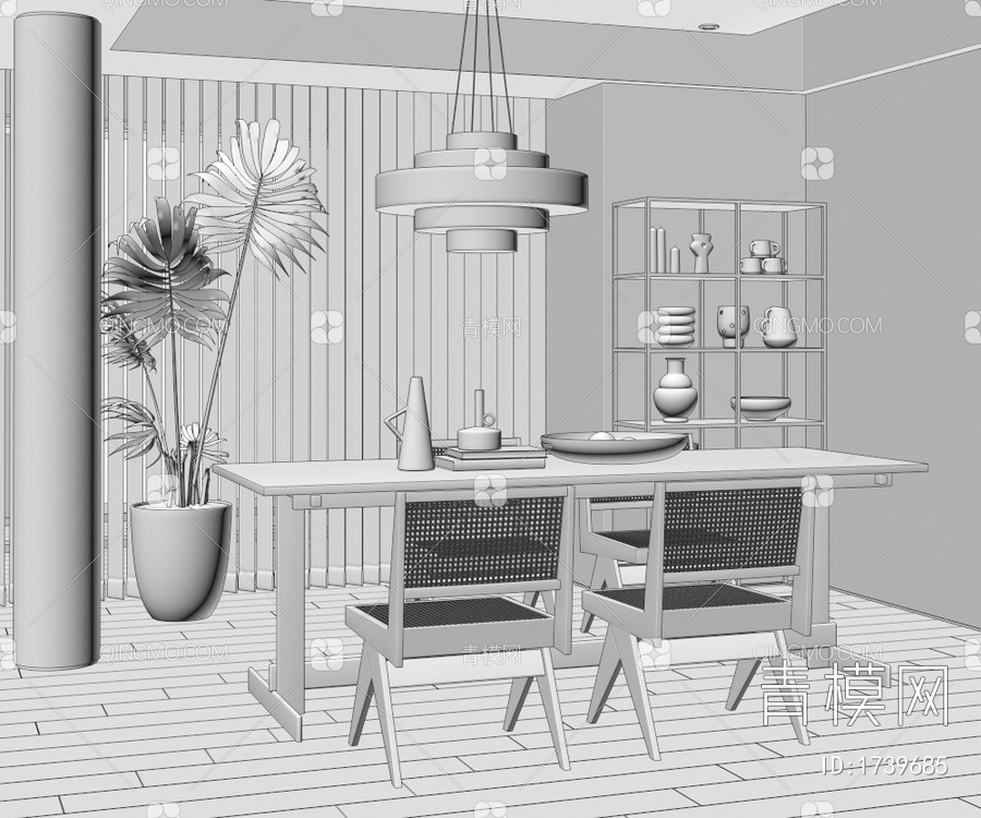 餐厅，餐桌椅，吊灯，餐边柜，橱柜，盆栽