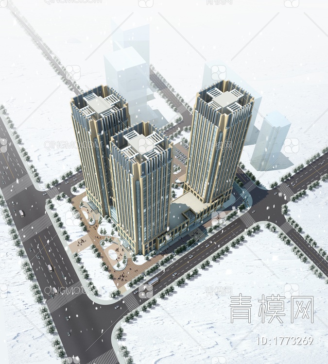 高层建筑雪景鸟瞰效果图