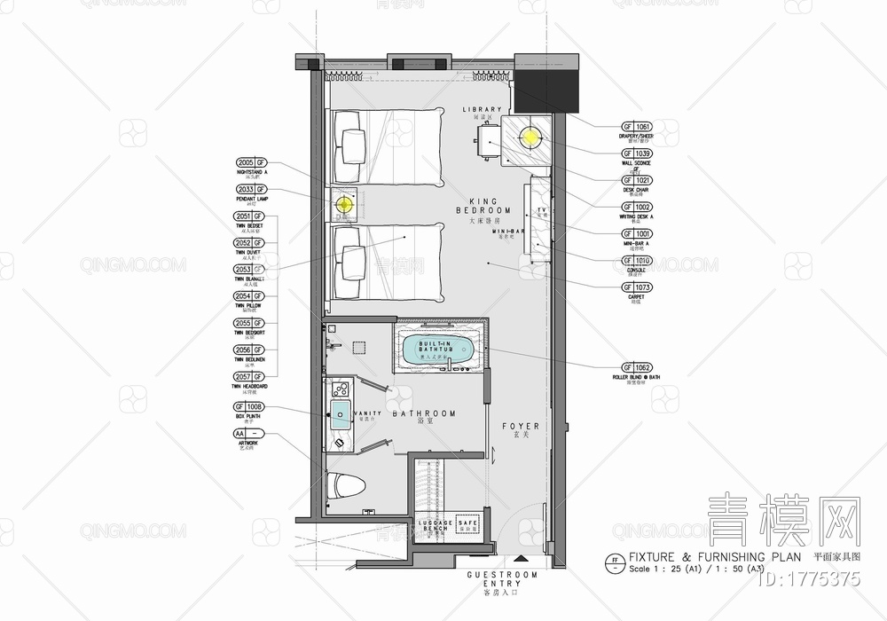 40㎡酒店标准双人间室内施工图 酒店客房 双人间 标准间 标间