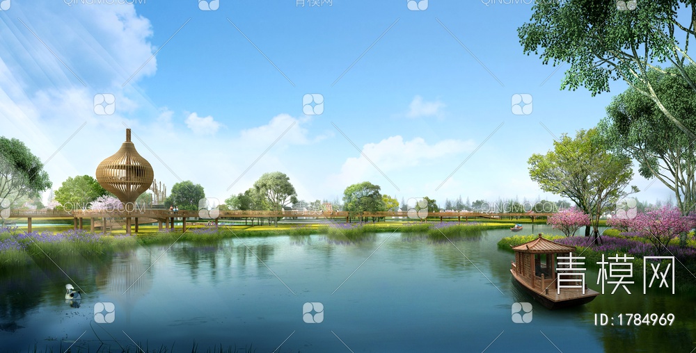 公园滨水游船木道景观效果图