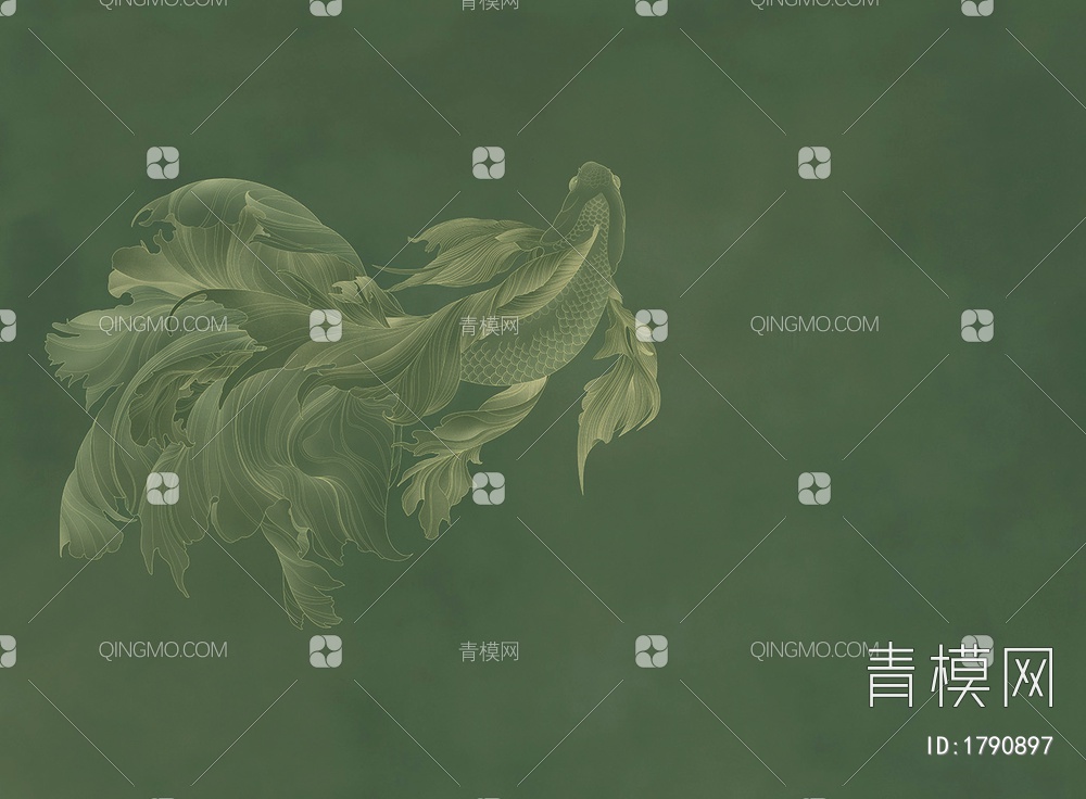 绿色中式金鱼壁画