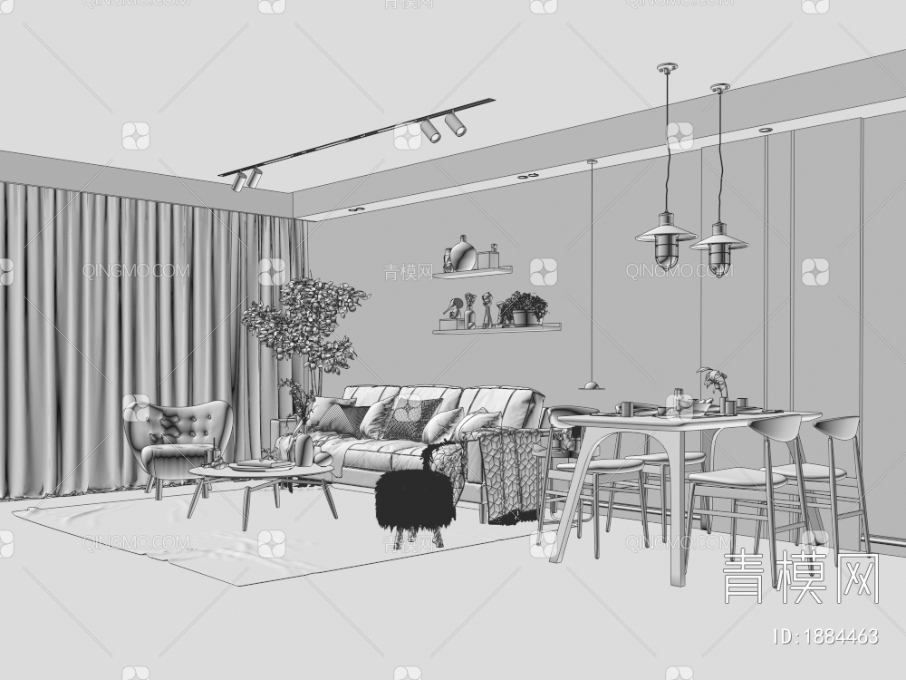 客餐厅，客厅沙发装饰隔板，装饰摆件组合，沙发茶几组合，餐桌椅，轨道射灯