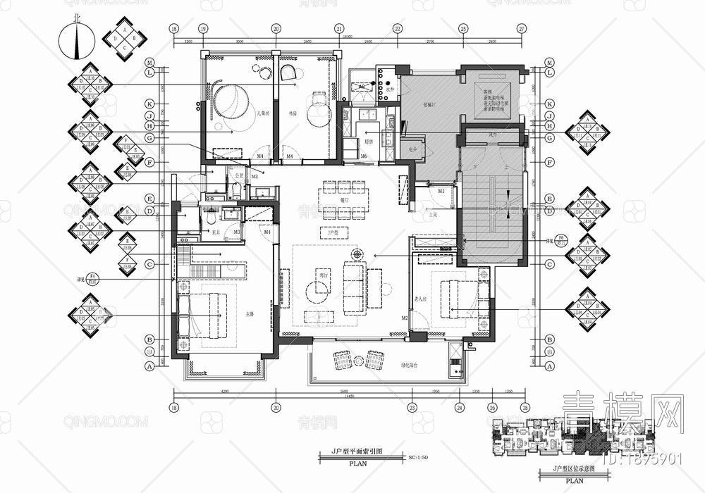 130㎡四居室家装样板间室内施工图 家装 私宅 平层 四居室 样板间