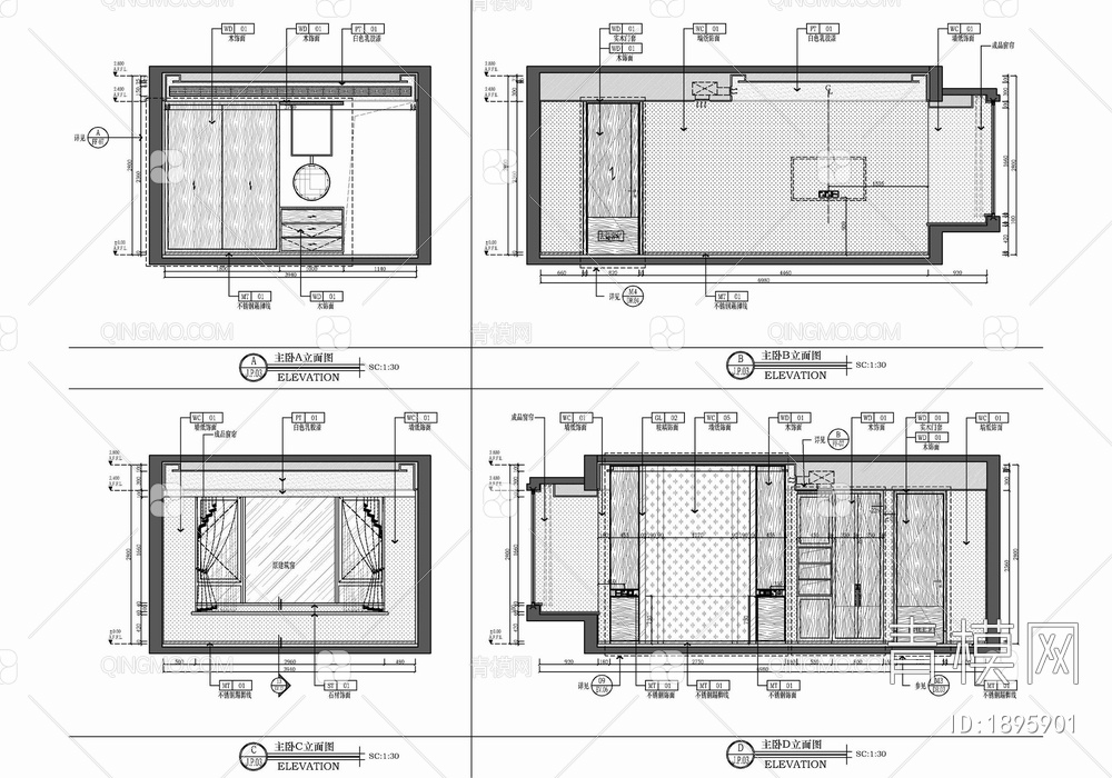 130㎡四居室家装样板间室内施工图 家装 私宅 平层 四居室 样板间