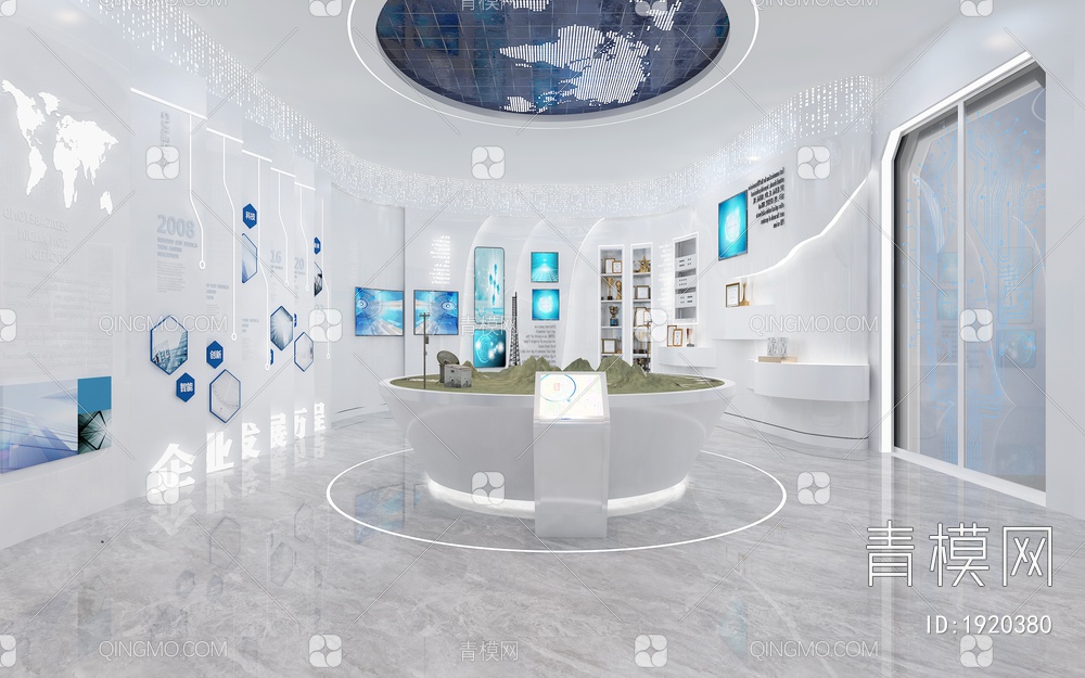 科技展厅 互动触摸一体机 通电玻璃柱 弧形拼接大屏 休闲桌椅 产品展示台